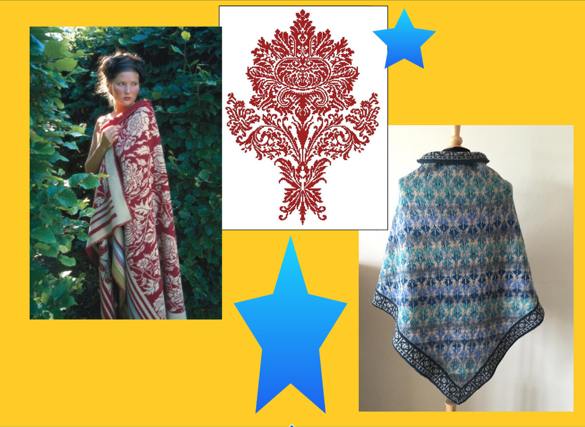 орнамент и образцы вязания шали-косынки и палантина из Северной Европы, норд стиль- фотоколлаж автора 