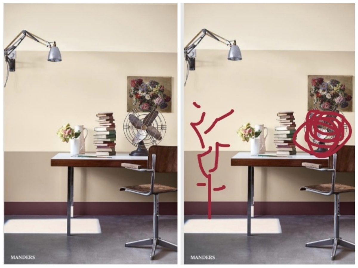 Сравните просто интерьер с градацией бежевого и с добавлением малинового.