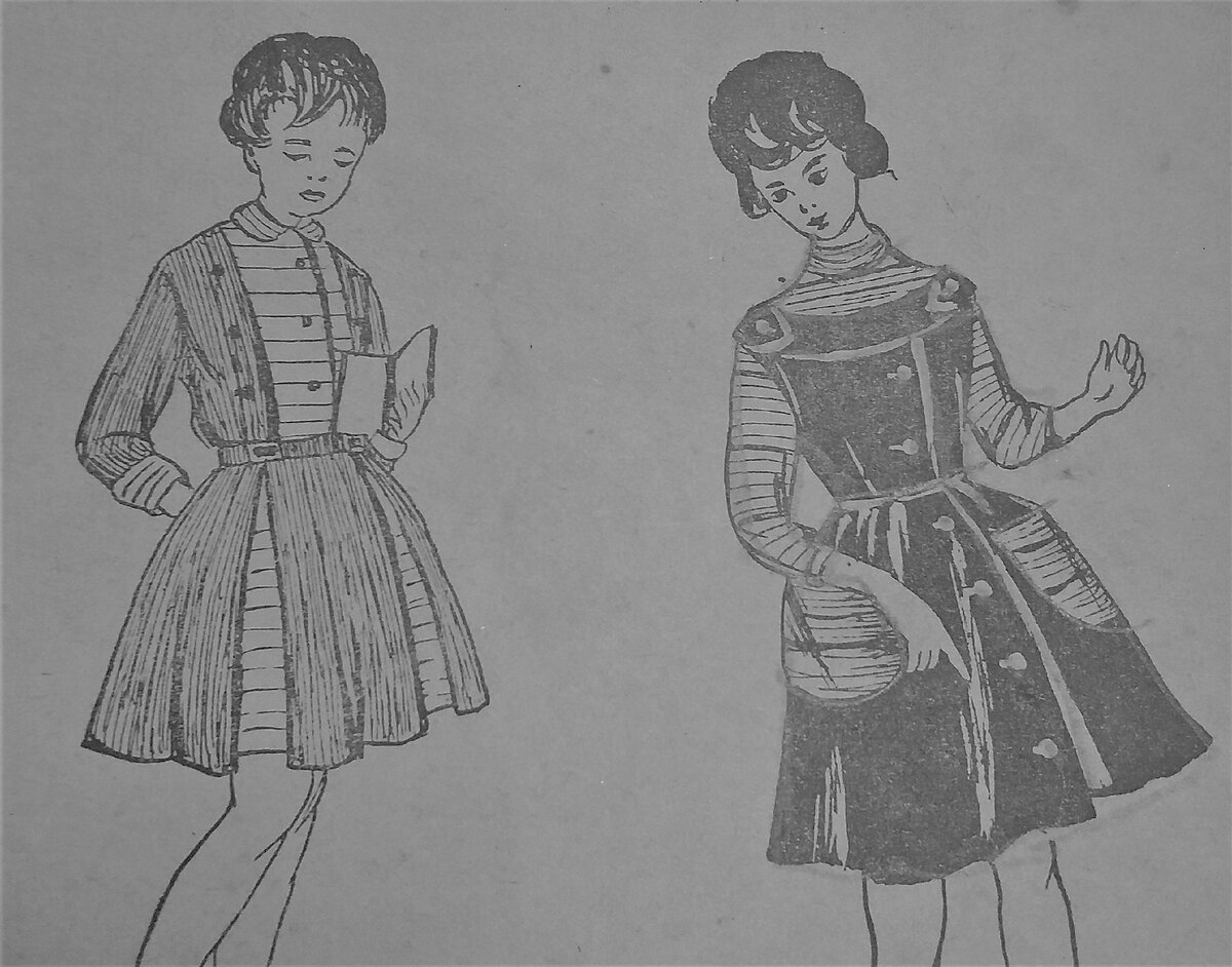 Такие модели предлагали сшить девочкам в 1960-х годах 20 века. Иллюстрация из книги - М.Б.Якушина. Переделка и комбинирование одежды, 1962.