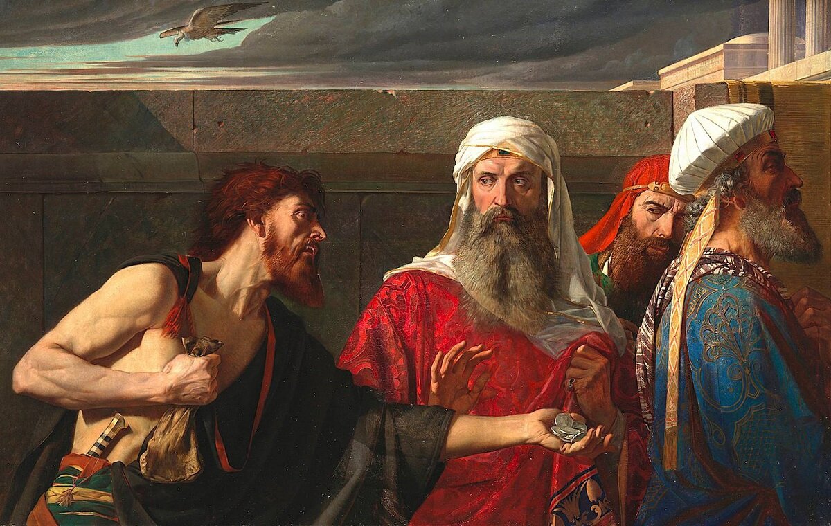 Иуда раскаявшись возвращает серебренники, полученные за предательство Христа.