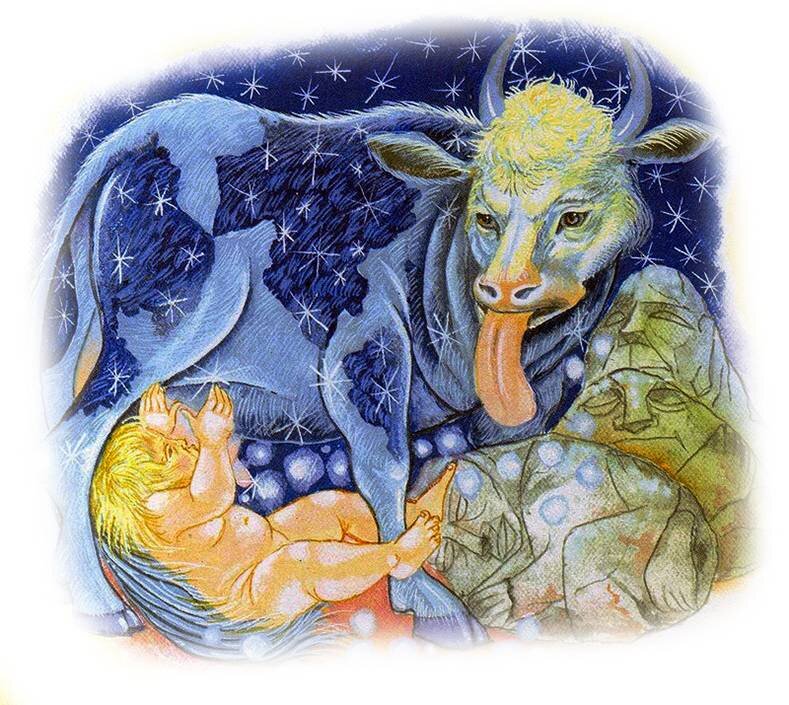 Славянская богиня Земун в облике коровы кормит Велеса.