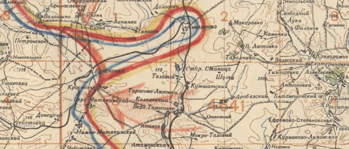 Эта карта января 1943 года, но не на 15-е число. Я её привёл, чтобы показать, что есть станция Красновка и посёлок Красновка, но посёлка Донской нет.