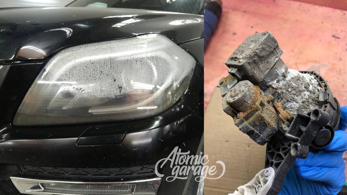 Вот в таком состоянии был модуль линзы на Mercedes GL W166, на котором долгое время не ремонтировали запотевание