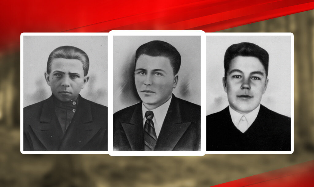 Группа бойцов из отряда. Слева: Михаил Десюкевич, в центре: Викентий Дроздович, командир взвода, справа: Эдуард Петрашевский