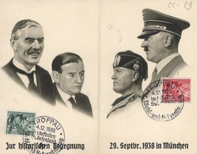 Почтовые мраки, выпущенные в честь «Мюнхенского сговора», когда осенью 1938 года  Англия и Франция скормили Гитлеру Чехословакию, подталкивая его в сторону СССР. Между прочим, Банк Англии преспокойно отдал нацистам весь золотой запас Чехословакии, и глазом не моргнув.