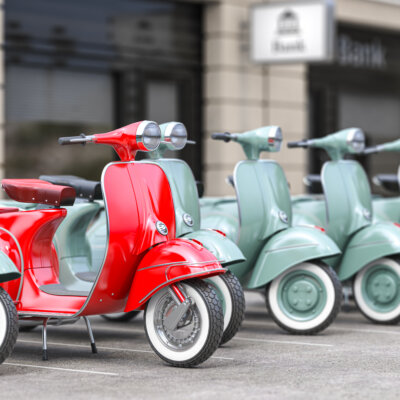    Vintage moped scooter in row on a parking of the city. 3d illustration Валерий