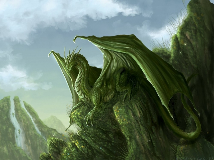 Классическое представление дракона - зеленый чешуйчатый ящер с крыльями и рогами.