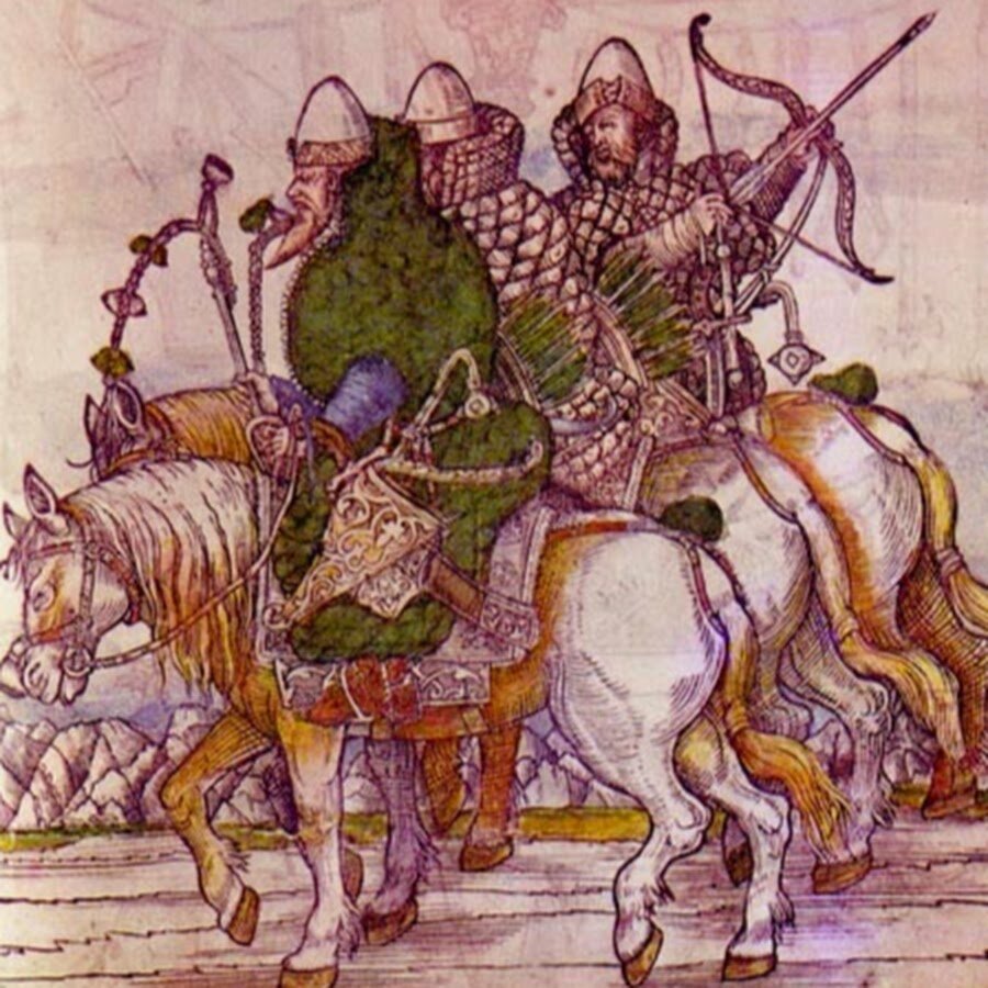 Русская поместная конница. Гравюра из книги Сигизмунда Герберштейна. XVI век.