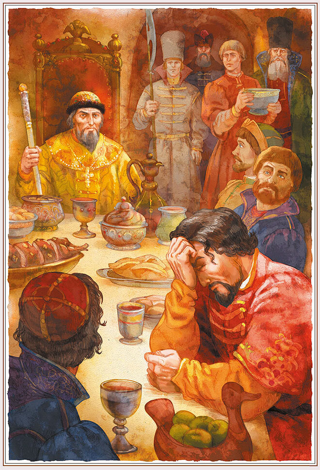 На пиру у Ивана Грозного. Источник: https://iknigi.net/avtor-mihail-lermontov/116107-nedarom-pomnit-vsya-rossiya-sbornik-mihail-lermontov/read/page-1.html
