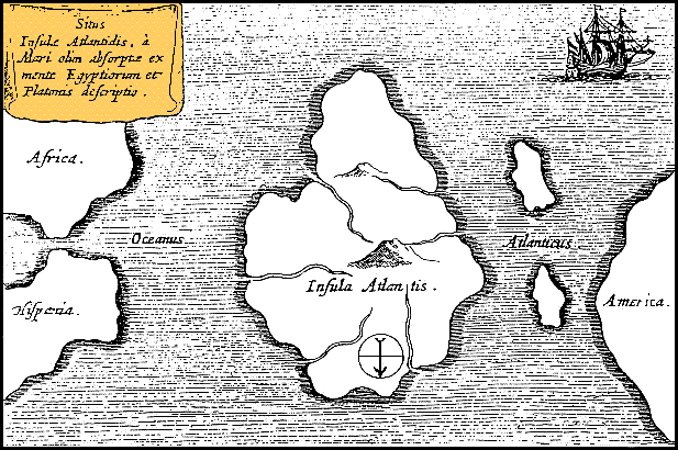 Карта Атлантиды Афанасия Кирхера, 1669 год: обратите внимание - Юг сверху (из статьи Википедии "Атлантида", Автор: Афанасий Кирхер - http://atlantis.haktanir.org/ch3.html, Общественное достояние, https://commons.wikimedia.org/w/index.php?curid=483393)