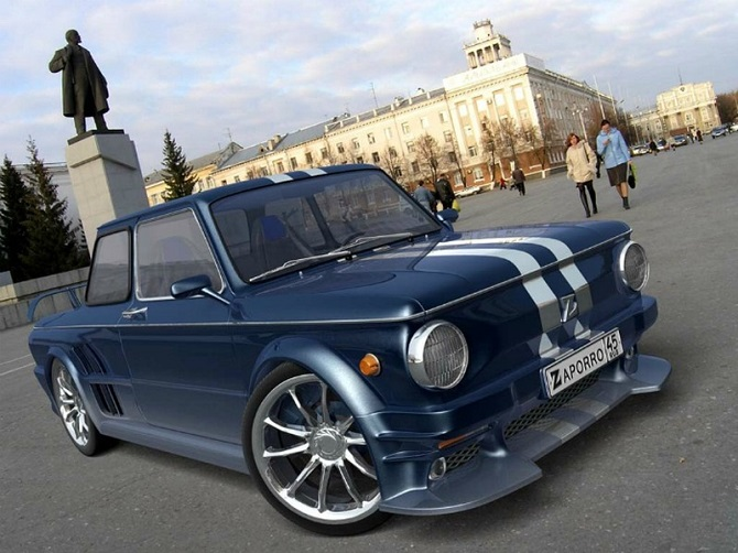 1. Гоночный автомобиль: Низкий ЗАЗ с литыми диски и обвесом.