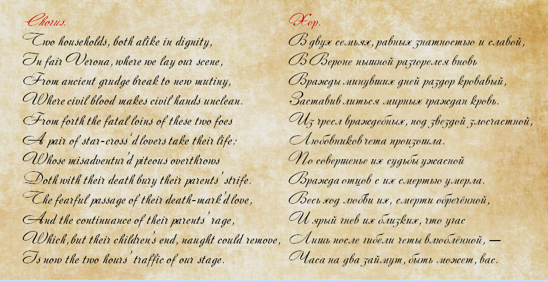 Пролог "Ромео и Джульетты": оригинал и перевод Т. Л. Щепкиной-Куперник