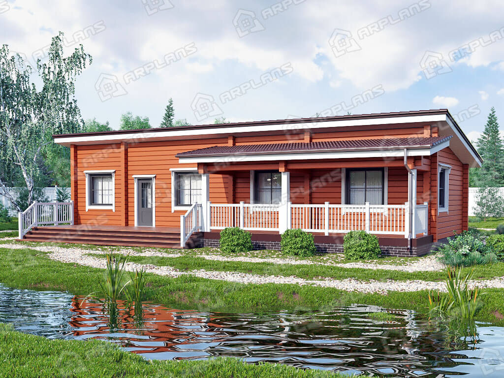 Фото 1 одноэтажного дома из бруса с 3 спальнями и террасой. 120 кв м. Источник arplans.ru Проект ДС-145