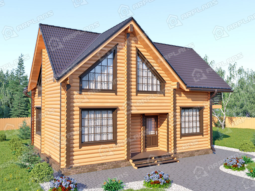 Фото 1 деревянного двухэтажного дома из бревна с мансардой, 4 спальнями, балконом и газовой котельной. Общая площадь 140 кв м. Источник arplans.ru Проект ДО-036