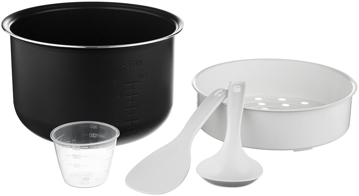 Кроме чаши, в комплекте с мультиваркой идет пластиковый контейнер для приготовления на пару.