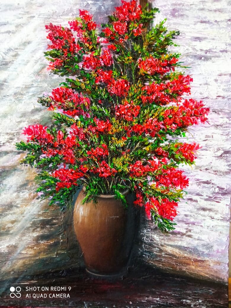 "Цветы в вазе", холст лен, размер 35*45, масляные краски, текстурная паста.