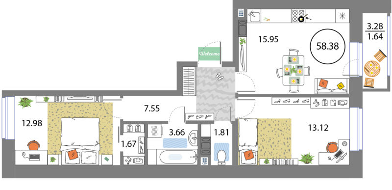 Наша новая двухкомнатная квартира с большой кухней. Есть даже небольшая гардеробная комната.