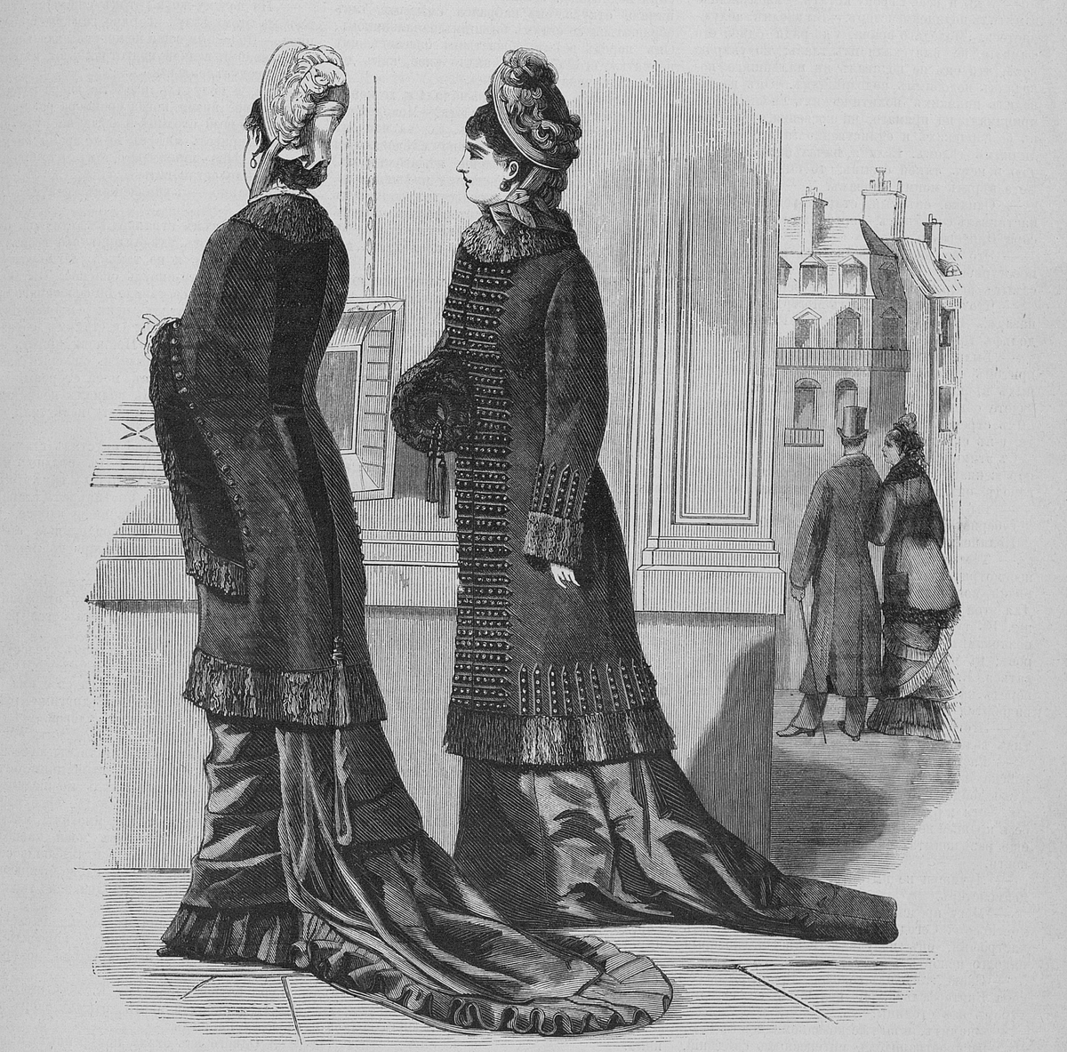 Иллюстрация с чёрным пальто из журнала "Модный свет", 1878.