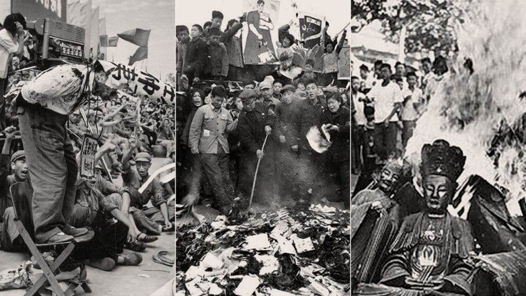 «Великая культурная революция» очистила китайское общество от традиционных элементов: а) публичное унижение культурных элит и религиозных лидеров; б) сожжение древних книг и Священных Писаний; с) сожжение и разрушение статуй Будды. Многие знаменитые храмы, святыни и другие объекты культурного наследия в Китае подверглись осквернению, а священные изображения были заменены фотографиями председателя Мао Цзэдуна.