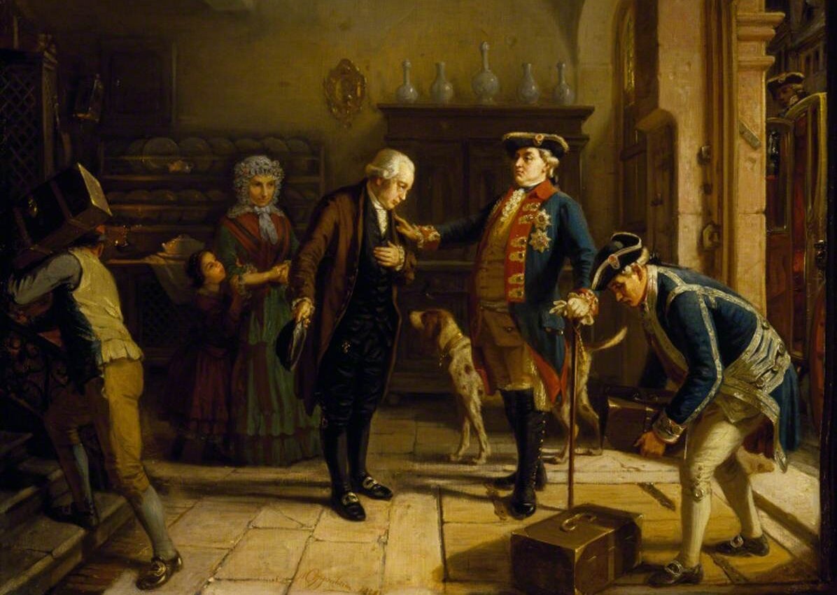 Майер Амшель и курфюрст Гессена. Тут еще дело вот в чем - курфюрст (с 1803) Вильгельм сам был богатейшим человеком Европы. Он разбогател, сдавая армию гессенцев в найм. Тут показано, как он передает свои сокровища Ротшильду на долгосрочное хранение. Художник: Moritz Daniel Oppenheim