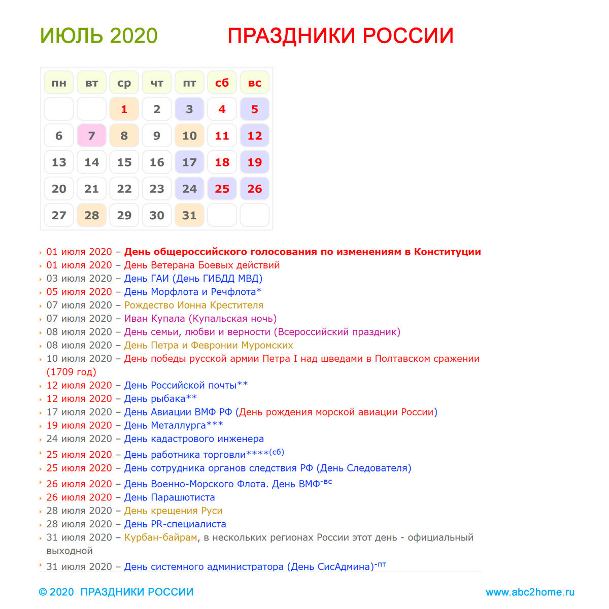 Праздники России в июле 2020 года | ABC2home.ru | Дзен