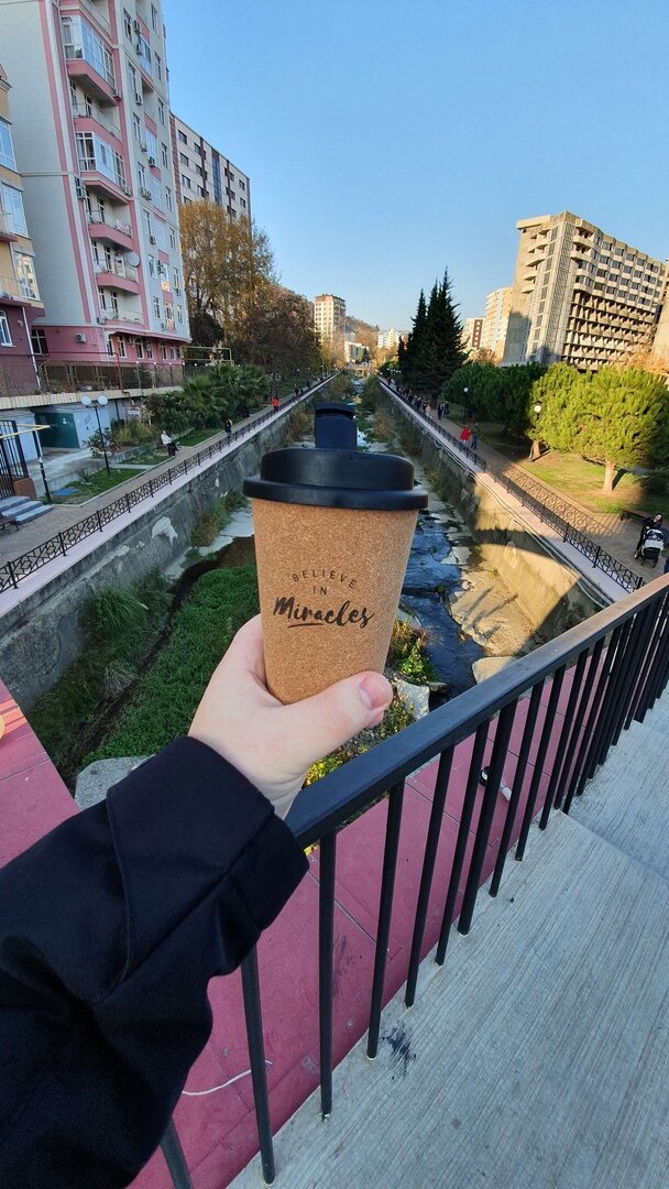 Вот такой стакан я купил, чтоб не пользоваться одноразовыми. Жаль только в кофейнях по близости нет практики делать скидку, тем кто приходит со своим стаканчиком.