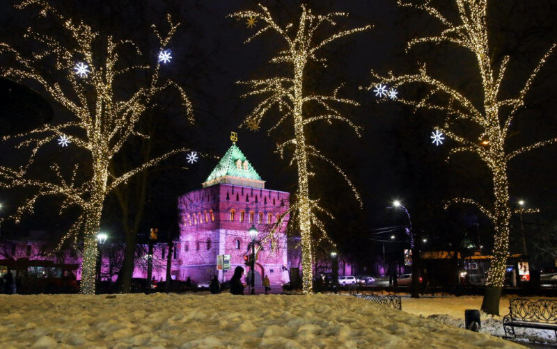 Декоративная подсветка деревьев на площади Минина. Фото предоставлено управлением по связям со СМИ администрации Нижнего Новгорода.