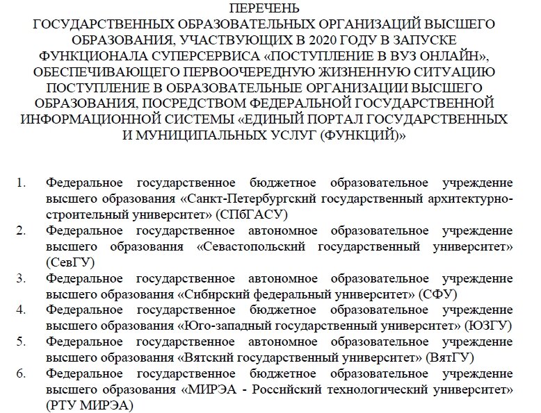 54 вуза, уже включенные в систему "Поступление в вуз онлайн". В них подавали документы в 2020/21 учебном году. С этого года список расширится до 137 вузов. Точных данных о новых вузах пока нет, но эти 54 университета никуда не денутся из системы - в них в этом году тоже можно будет подавать заявления на поступление и зачисление онлайн