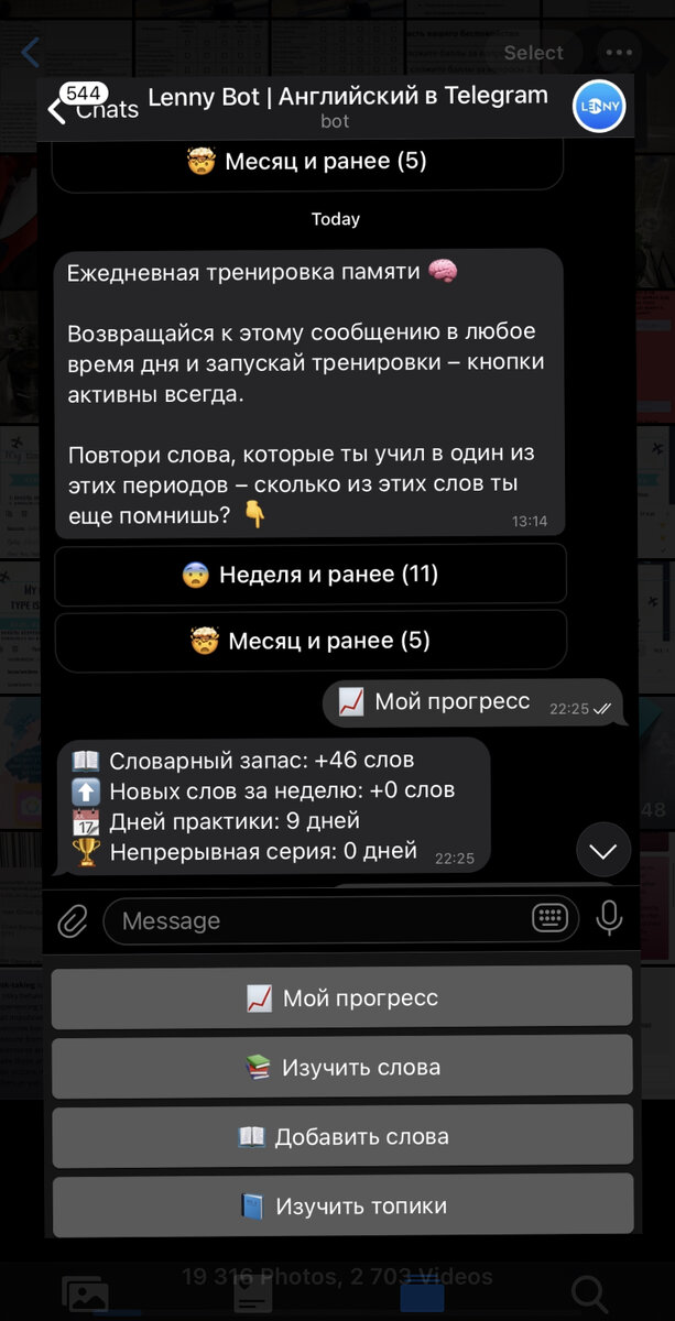 Скриншот экрана с ботом Ленни. Можно отслеживать свой прогресс. Очень удобно! 