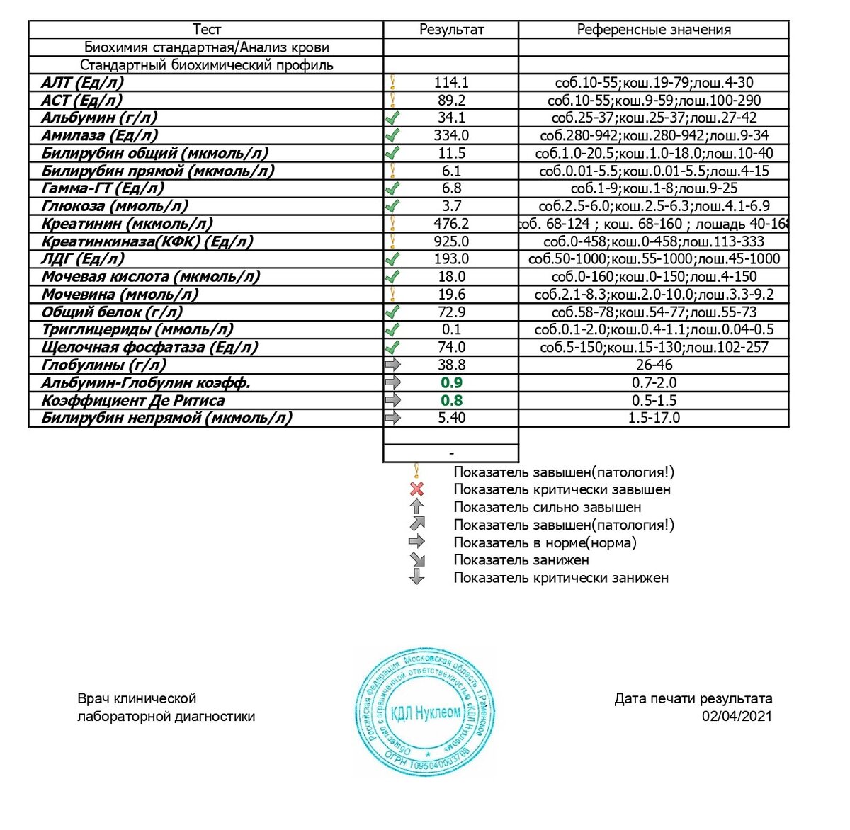Обратите внимание на показатели креатинина.