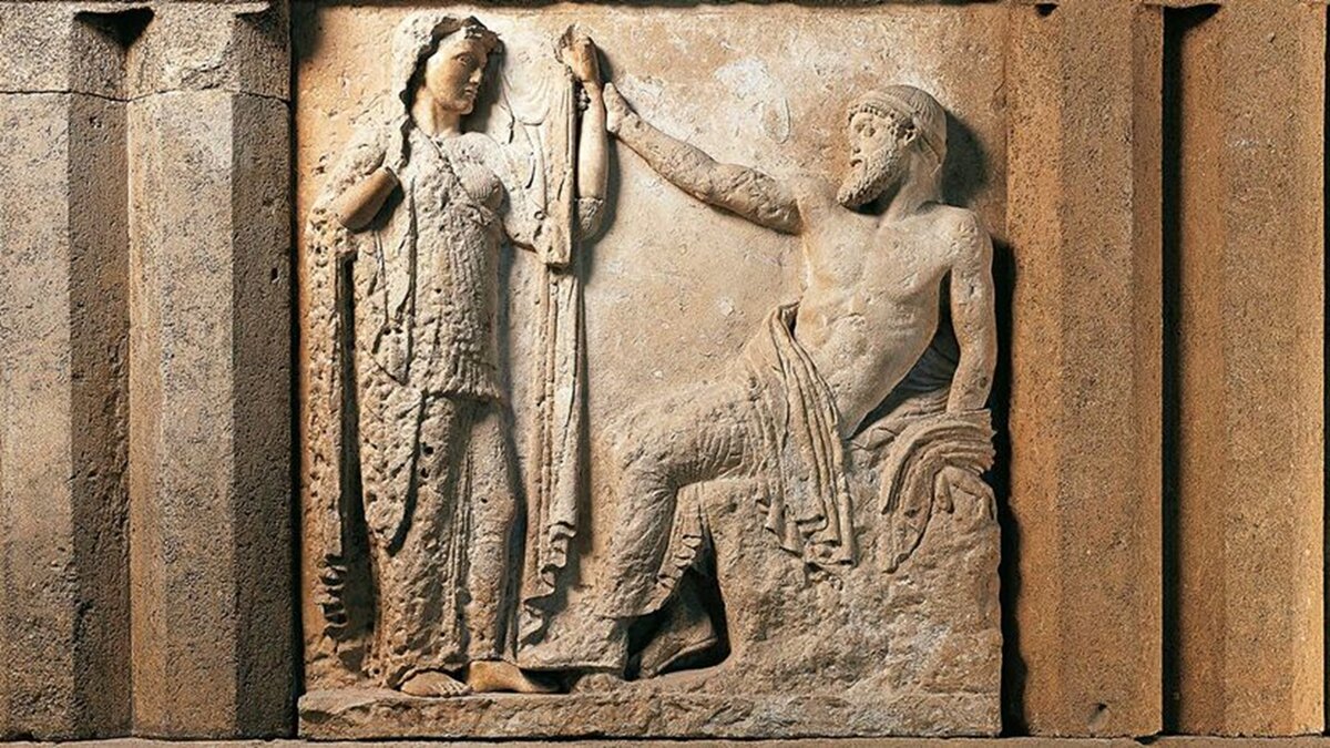 Деталь Зевса и Геры в греческом дорическом храме  в Селинусе на Сицилии, Италия. Храм  также известен как Храм Геры, потому что надпись, найденная на  стеле, указывает на то, что он был посвящен ей. DEA / G. ДАГЛИ ОРТИ / ДЕ АГОСТИНИ / GETTY IMAGES