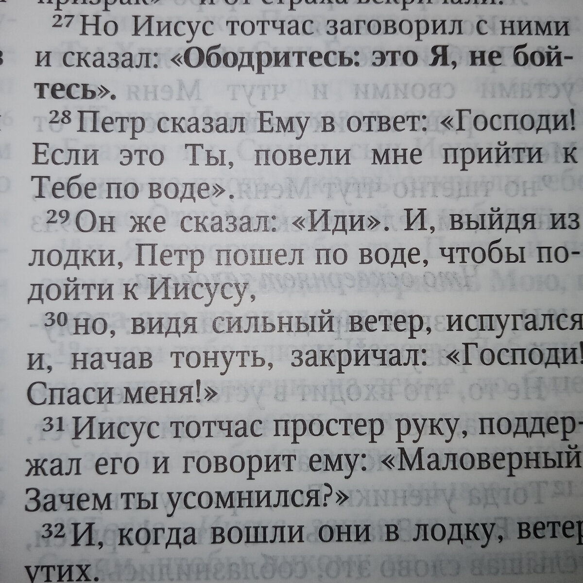 Петр сказал Ему в ответ: Господи! если это Ты, повели мне прийти к Тебе по воде.
29 Он же сказал: иди. И, выйдя из лодки, Петр пошёл по воде, чтобы подойти к Иисусу,
30 но, видя сильный ветер, испугался и, начав утопать, закричал: Господи! спаси меня.
31 Иисус тотчас простер руку, поддержал его и говорит ему: маловерный! зачем ты усомнился?
32 И, когда вошли они в лодку, ветер утих.
33 Бывшие же в лодке подошли, поклонились Ему и сказали: истинно Ты Сын Божий
