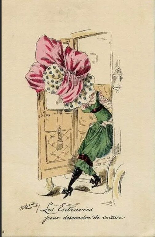 Подпись на открытке: "Препятствия, чтобы выйти   из машины". В это время также была мода на огромные шляпы, которые никак не добавляли легкости в передвижении. 