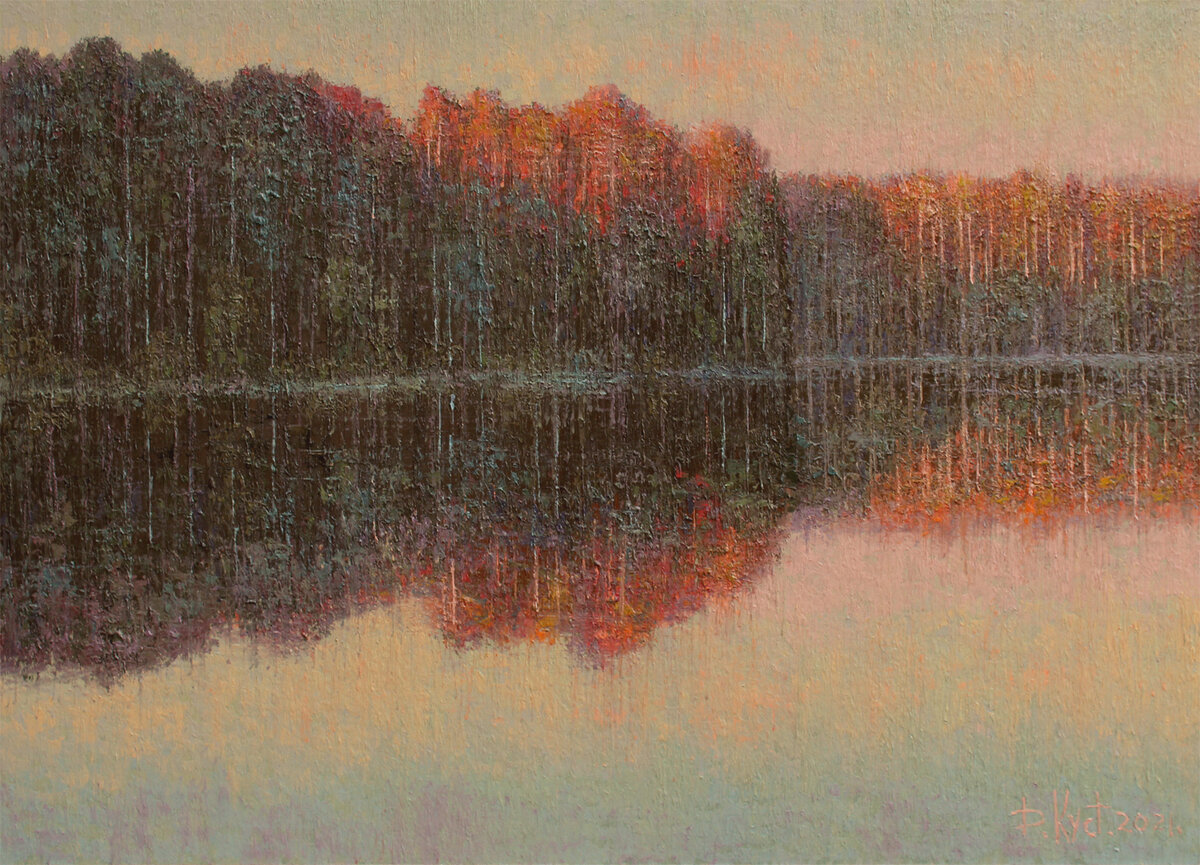 Дмитрий Кустанович. Рассвет на лесном озере, 80×110 см, 2021