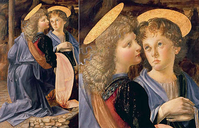 Ангелы, изображённые Леонардо (слева) и Верроккьо (справа).