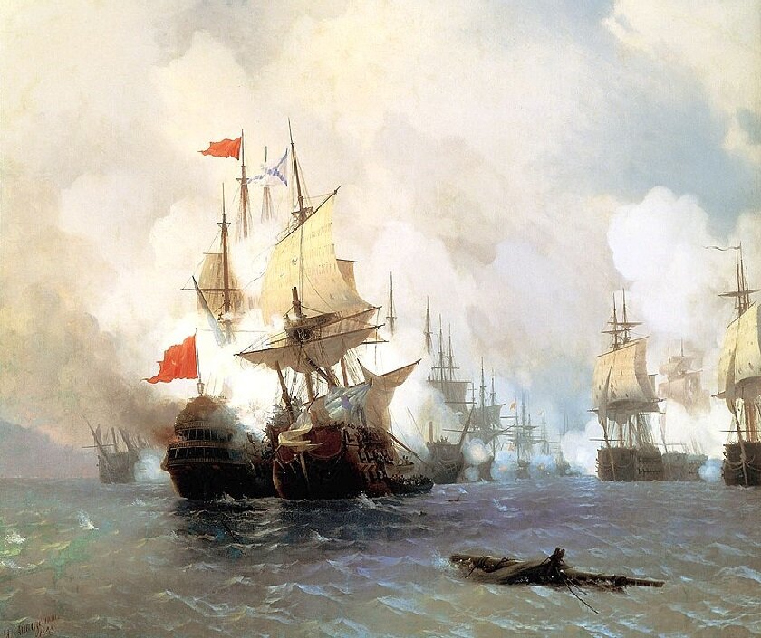 Кульминация Хиосского сражения - столкновение «Святого Евстафия» и «Бурдж-у-Зафера», на картине художника И,Айвазовского