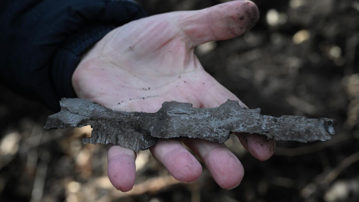    Мужчина демонстрирует осколки снаряда в воронке около электроподстанции в Петровском районе Донецка© РИА Новости / Илья Питалев