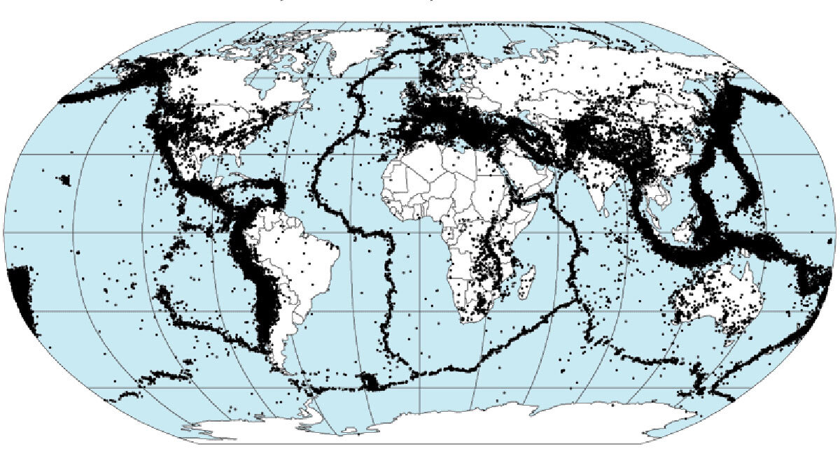     Эпицентры землетрясений с 1963 по 1998 год Ксения Пудовкина
Эпицентры землетрясений с 1963 по 1998 годNASA, DTAM project team / Wikimedia Commons