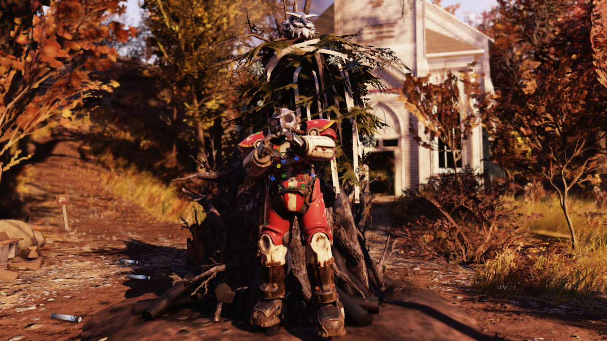 Fallout 76: силовая броня Т-51 с новогодней окраской и шлемом деда мороза