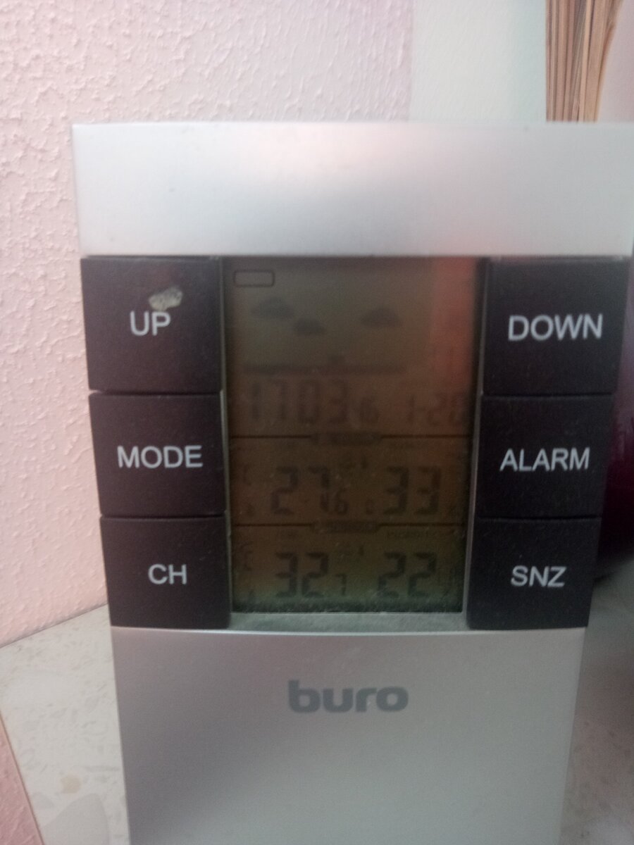    Второй день жара в нашей уральской деревне. Хорошо за 30. Приложу фото метеостанции. Сверху температура и влажность внутри, снизу снаружи. Напомню, наш Дом теплоизолирован ППУ.-2