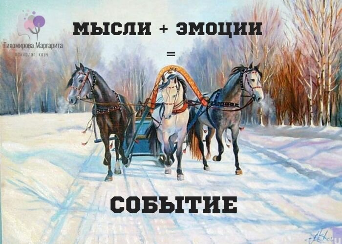 Позитивные мысли подкрепленные положительными эмоциями - залог достижения любой цели. Вот представьте, что Белая лошадь - это мысли, две вороные по бокам - это эмоции, а впереди желаемое событие
 А теперь внимание - вопрос - осуществимо ли это событие, если белая помчит вперед, а остальные в разные стороны?
Ответ очевиден... 
Так вот, наша Вселенная изобильна, и мы можем получить все, что захотим при одном условии - если наш разум и наши эмоции будут двигаться в одном направлении.

P.S. Здесь главное не загнать себя в иллюзии того, что вы это делаете, и эмоциями то своими управляете, и мысли то свои контролируете, а все равно ничего не получается.
НЕ ПОЛУЧАЕТСЯ - ЗНАЧИТ НЕ ДЕЛАЕТЕ!!!
Других вариантов нет...   
