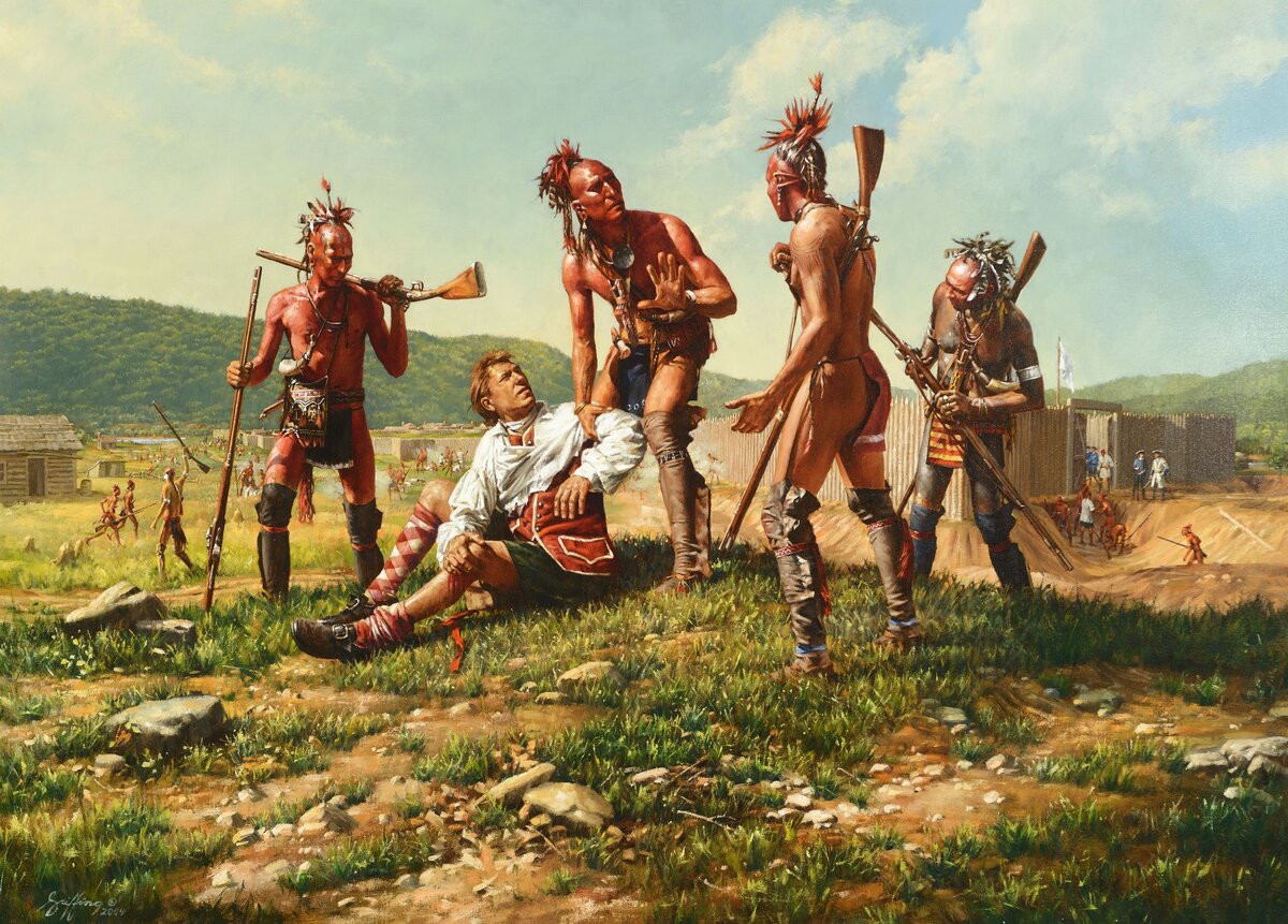 1755 год, коренной американец пожалел раненого британского солдата. Иллюстратор: Robert Griffing