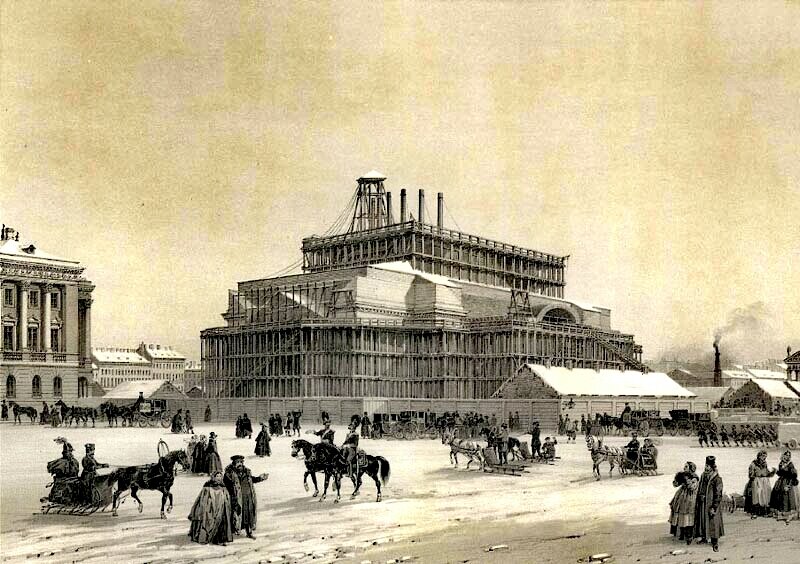 Ф. Бенуа по оригиналу О. Монферрана, "Вид строящегося Исаакиевского собора в 1838 году", литография