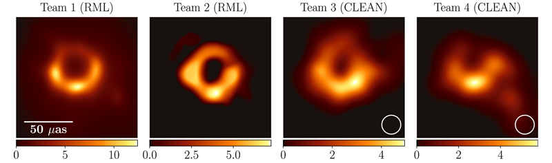 Первые в мире реальные комьютерные изображения сверхмассивной черной дыры Messier 87, полученные при компьютерной визуализации разными командами. Источник: Event Horizon Telescope