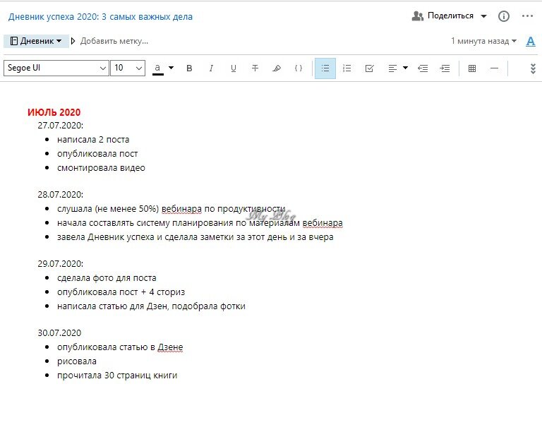 Мой пример Дневника успеха