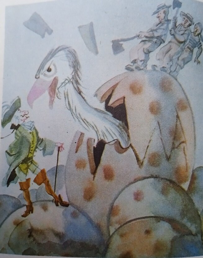 Вот какой птенец-гигант вылупился из гнезда! Это лишь одна из множества необыкновенных историй, рассказанных бароном Мюнхгаузеном. Рисунок художников М. Скобелева и А. Елисеева.