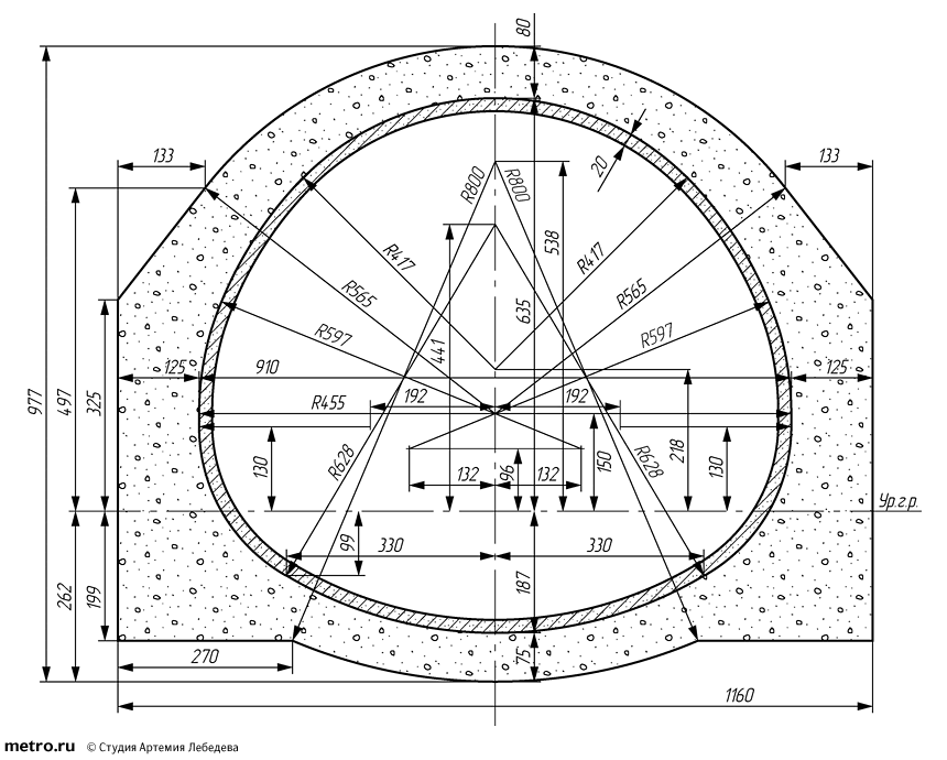 Рис. 34. Бетонная обделка двухпутного тоннеля Московского метрополитена