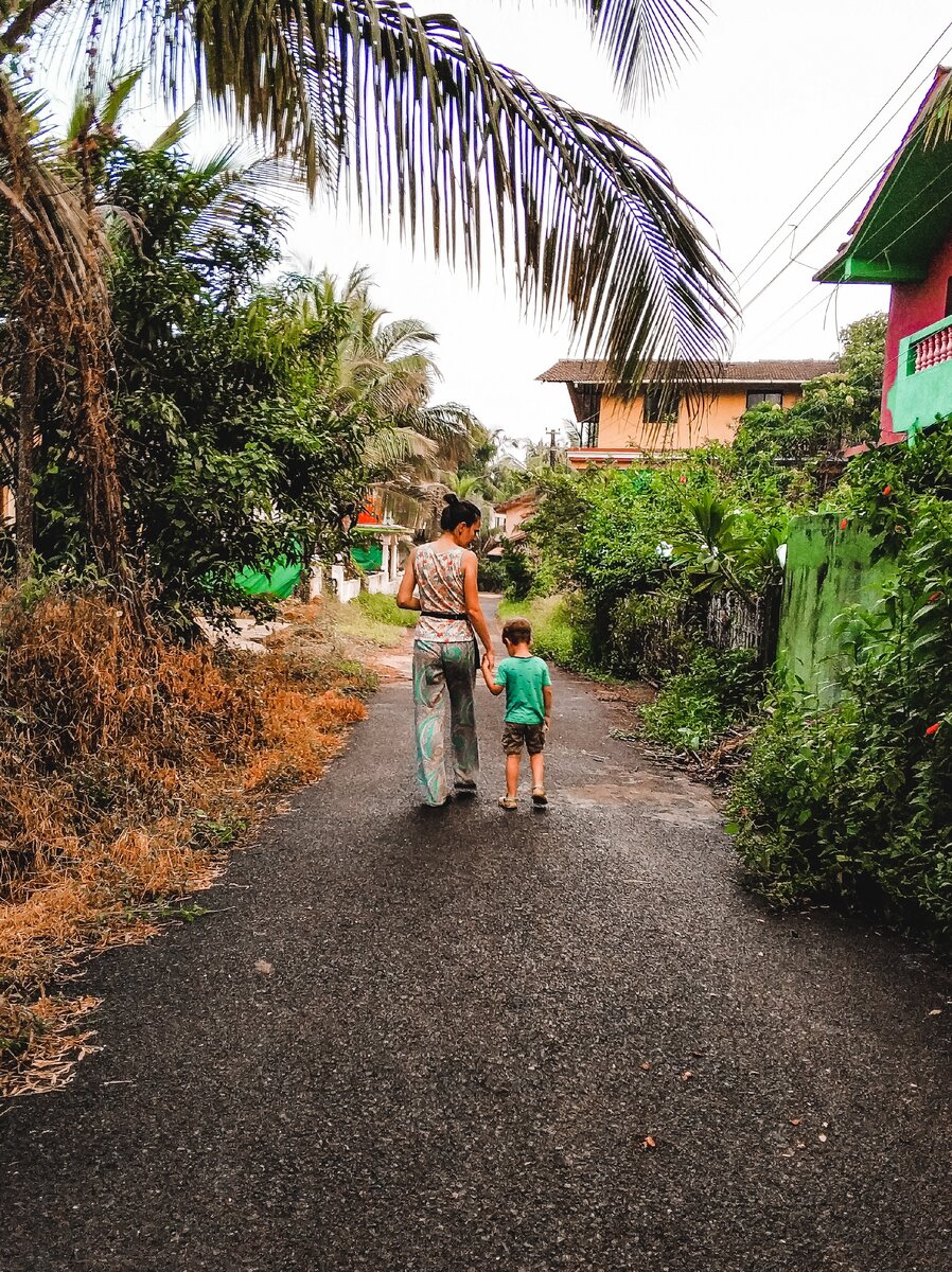 Улица, на которой мы снимали дом в Гоа. От пляжа минут 20 на мопеде. Стоимость всего 17тр/месяц. Две комнаты, огромный зал и столовая, кухня, душ и туалет, балкон. В близи к морю стоимость гораздо выше. Но мы и доехать можем. Зато район тихий и уютный. 