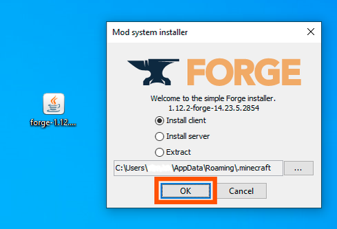 Окно установщика Forge.