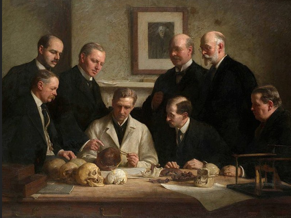Джон Кук. "Ученые рассматривают череп пилтдаунского человека", 1915 г.
